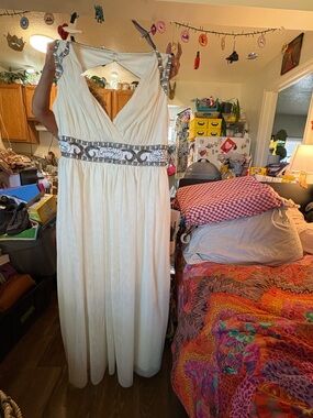 Embellished Ivory Maxi Dress with Beaded Waist